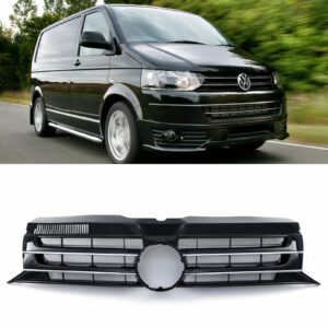 Gloss Black Badged Front Bumper Grille Chrome Trim - VW Transporter T5.1 09-15