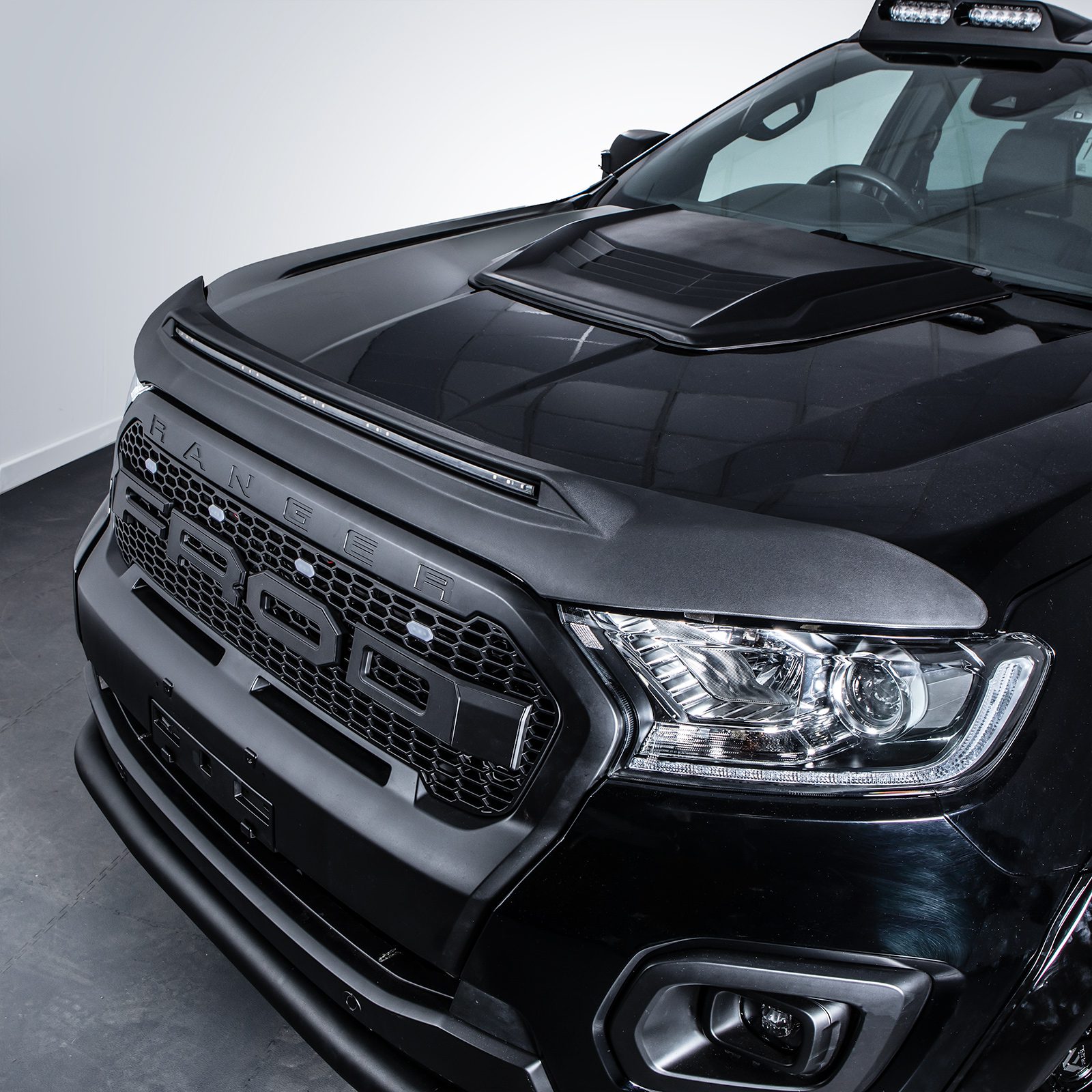 Ford Ranger T7 T8 2015-2022 Smoked Black Bonnet Guard With LED Lights
